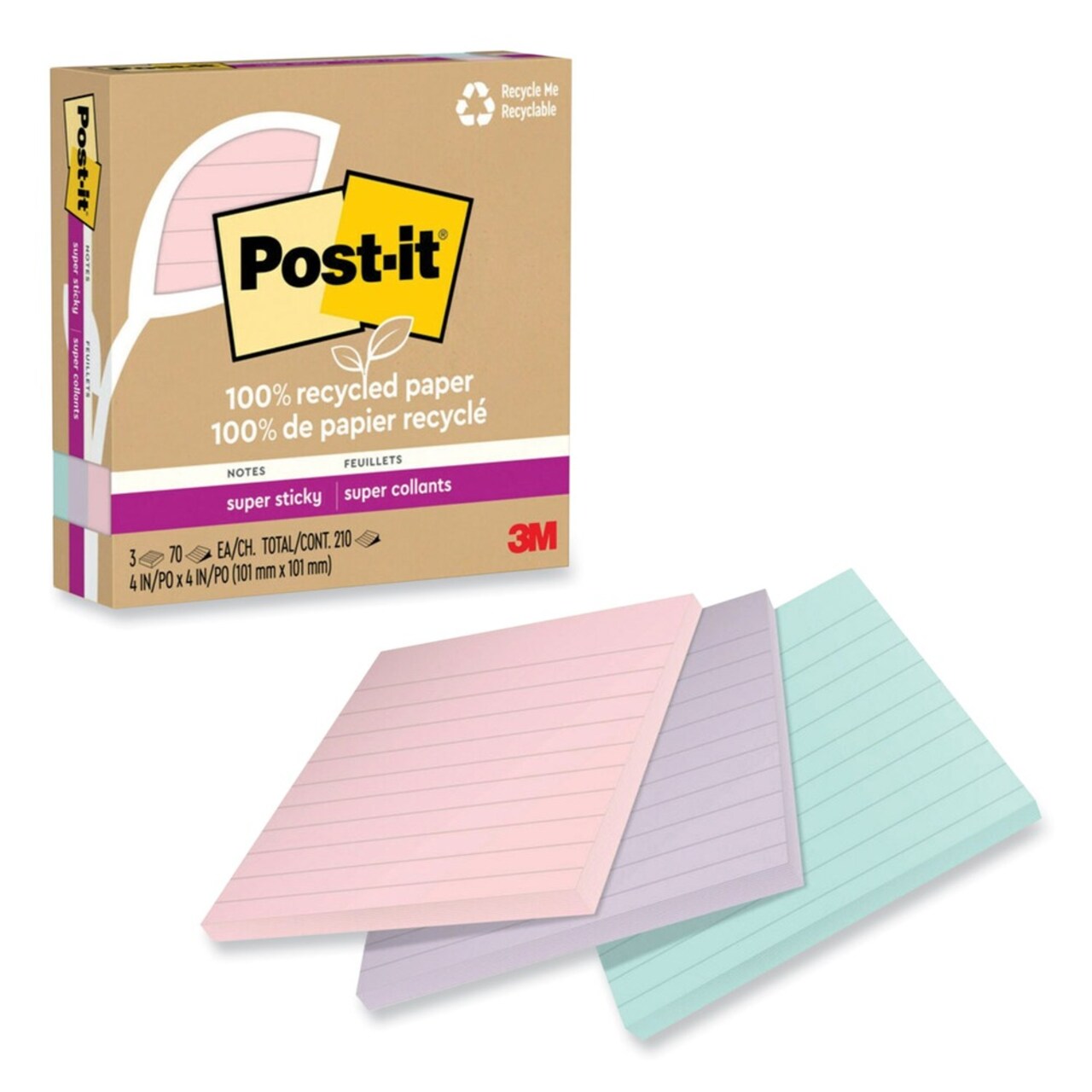 Post-it Notes Super Sticky 4 in. x 4 in. Wanderlust Pastels 70 Sheets Ruled 100% Recycled Paper Super Sticky Notes (3/Pack)